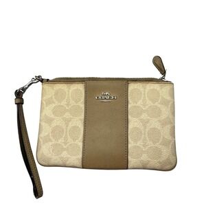Coach Large 7"Corner Zip Wristlet Signature Canvas Khaki Saddle Brown Clutch Bag